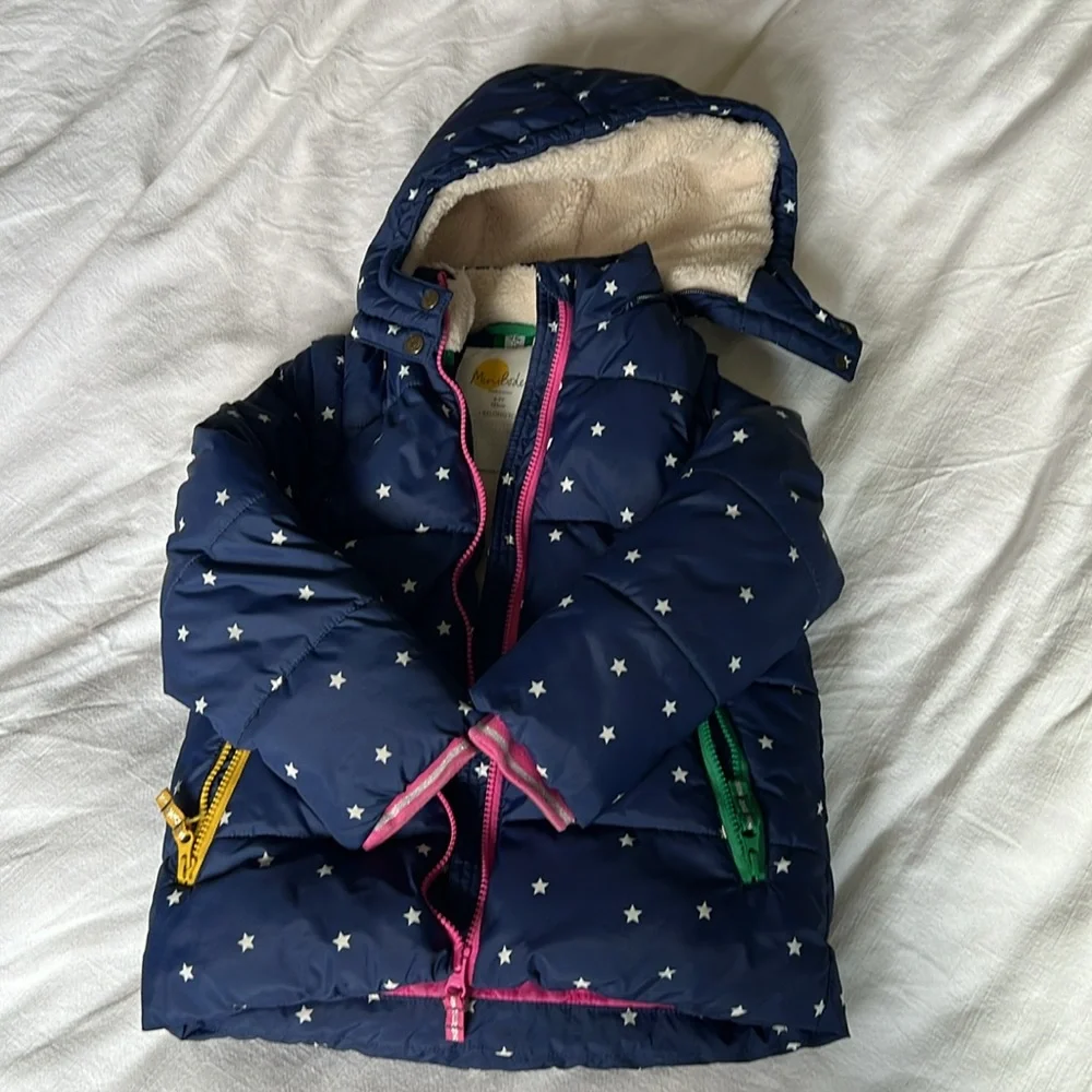 Mini Boden Navy Star Puffer Jacket with Bright Trim